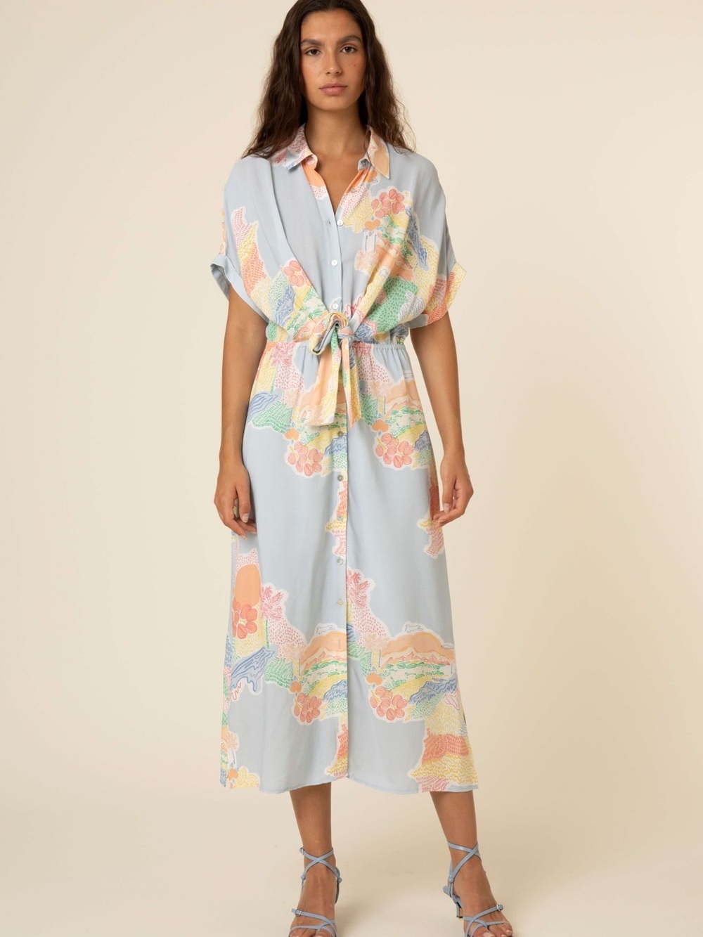 Light Blue Floral-Print Button Midi Dress with Tie Waist small Frnch Paris